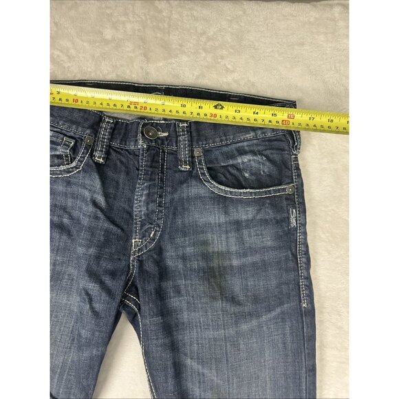 Silver Jeans Men’s Size 33 Dark Blue ZAC Selvedge Thick Stitch Faux Flap *STAIN* - Picture 7 of 16